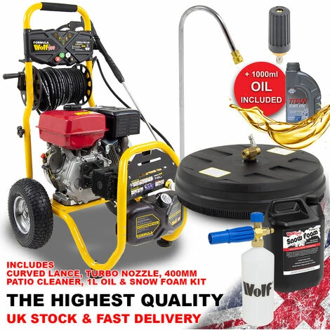 Formula Wolf 500 Petrol Pressure Washer, Curved Lance, Turbo Nozzle, Patio Cleaner, Oil & Snow Foam Kit 1 Formula Wolf 500 Petrol Pressure Washer, Curved Lance, Turbo Nozzle, Patio Cleaner, Oil & Snow Foam Kit